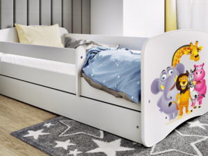 Babydreams juniorseng med Zoo dyr, m. madras, sengehest, skuffe - hvid laminat (140x70)