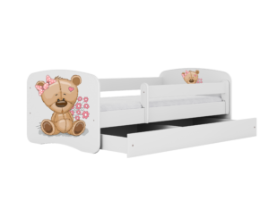 Babydreams juniorseng med bamse og blomster, m. madras, sengehest og skuffe - hvid laminat (140x70)