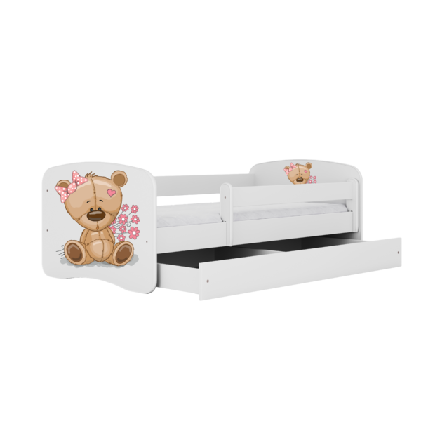 Babydreams juniorseng med bamse og blomster, m. madras, sengehest og skuffe - hvid laminat (140x70)