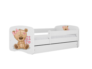 Babydreams juniorseng med bamse og blomster, m. madras, sengehest og skuffe - hvid laminat (160x80)