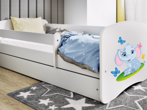 Babydreams juniorseng med elefant, m. madras, sengehest, skuffe - hvid laminat (140x70)