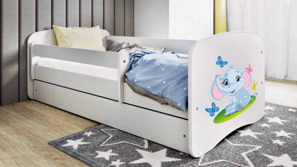 Babydreams juniorseng med elefant, m. madras, sengehest, skuffe - hvid laminat (140x70)