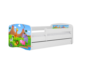 Babydreams juniorseng med safari dyr, m. madras, sengehest, skuffe - hvid laminat (160x80)