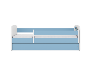 Babydreams juniorseng med vaskebjørn, m. madras, sengehest og skuffe - hvid og blå laminat (180x80)