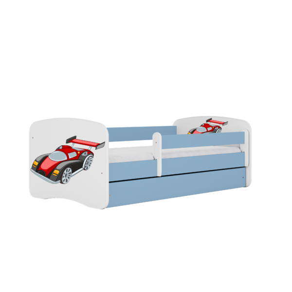 Babydreams juniorseng med racerbil, m. madras, sengehest, skuffe - hvid og blå laminat (160x80)